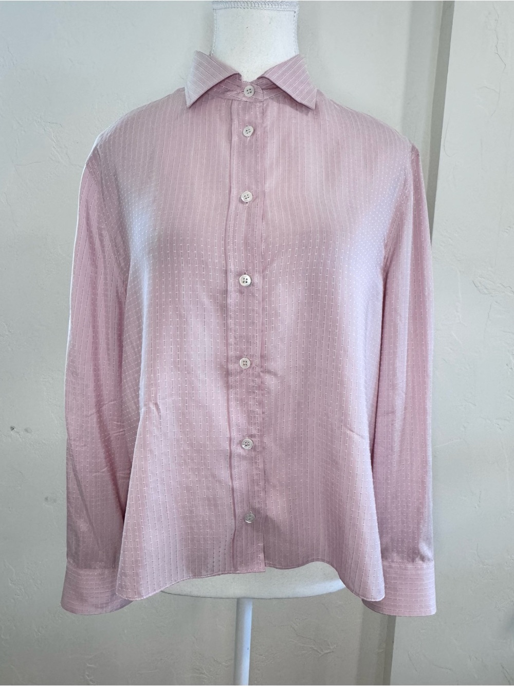 Giorgio Armani 100% Silk Pink Pinstripe Button Up Blouse Made in Italy